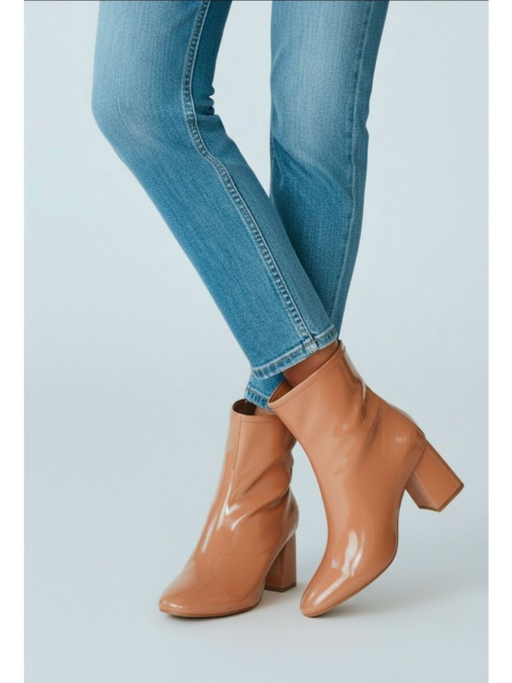 Camel Patent Leather Block Heel Ankle Boots With Back Zipper & Square Toe Design